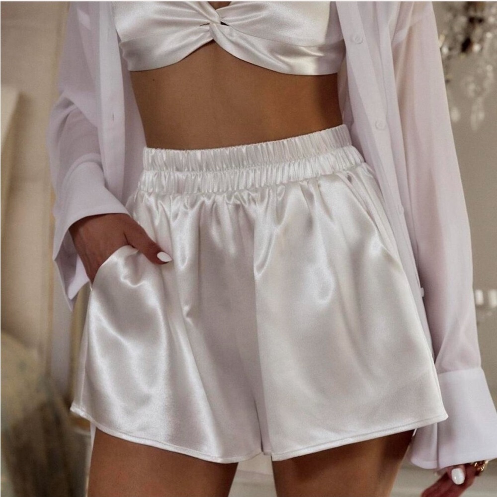 12th Tribe White Satin Lounge Shorts